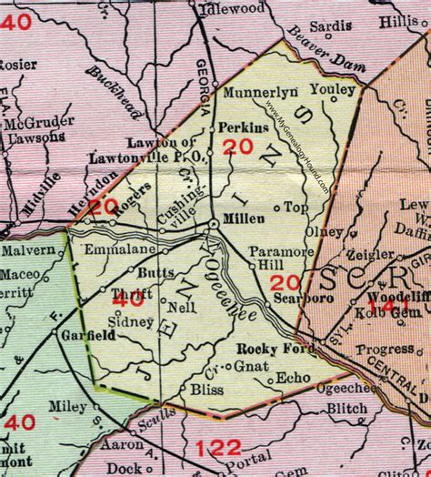 Jenkins County, Georgia, 1911, Map, Millen, Emmalane, Perkins, Scarboro