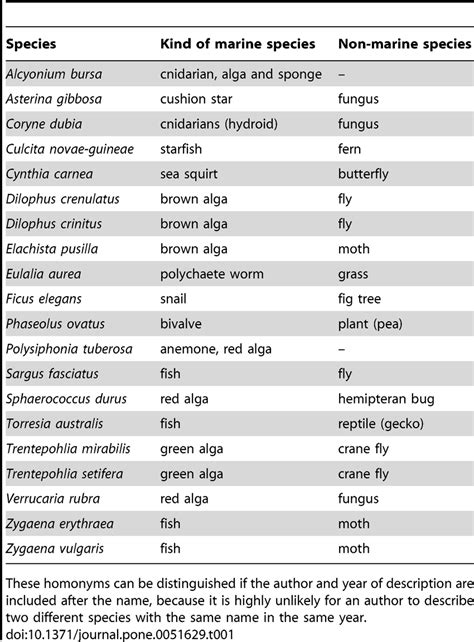 Examples of the same names being used for different species (including ...