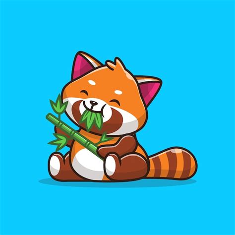 Cute red panda eating bamboo leaves icon illustration. flat cartoon style | Premium Vector