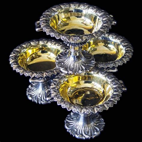 Set of Four Antique English Victorian Silver Pedestal Salt Cellars For Sale at 1stDibs