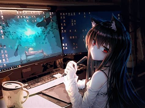 Anime Cat Girl, Room, Computer, Animal Ears, Coffee, Cute for Ainol ...