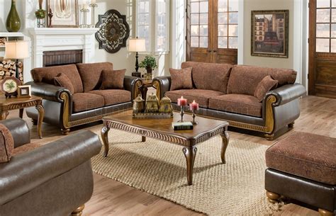 Brown Fabric Traditional Sofa & Loveseat Set w/Faux Leather Arms