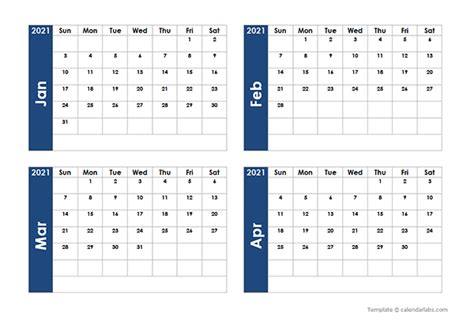 2021 Blank Four Month Calendar - Free Printable Templates