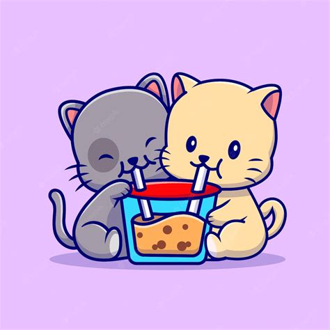 Premium Vector | Cute couple cat drink boba milk tea cartoon illustration. animal drink concept ...