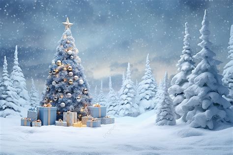 Christmas Tree In Snow With Gifts On It The Style Background, Snow ...