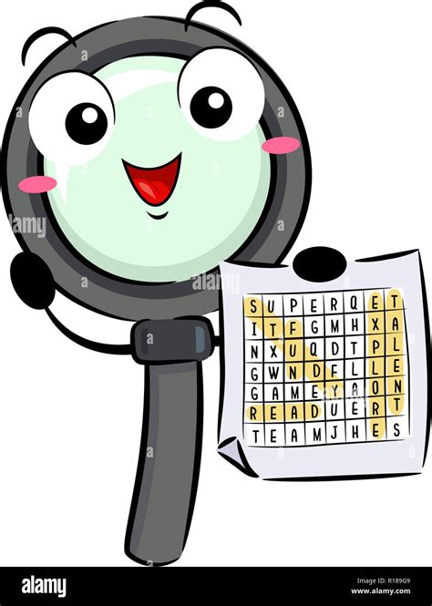 Illustration of a Magnifying Glass Mascot Showing a Word Search Sheet with Complete Answers ...