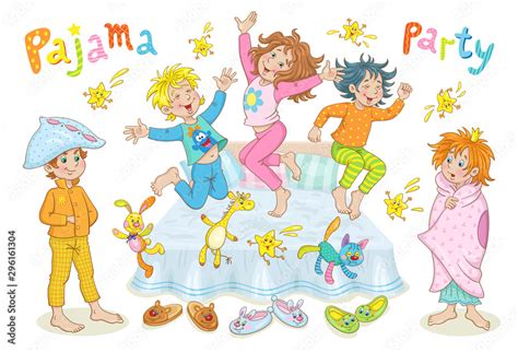 Pajama party. Funny children in pajamas play and jump on the bed. In cartoon style. Isolated on ...