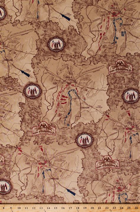 Cotton Gettysburg Battle Maps Civil War Battlefield History Patriotic Dark Tan Cotton Fabric ...