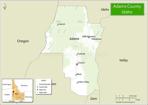 Map of Adams County, Idaho showing cities, highways & important places ...