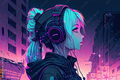 anime listen to music and vibe in city Stock Illustration | Adobe Stock