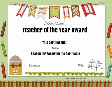 teacher of the year award certificate with pencils and crayons on green background