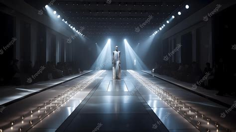 Premium Photo | A model walks down a runway with lights on.