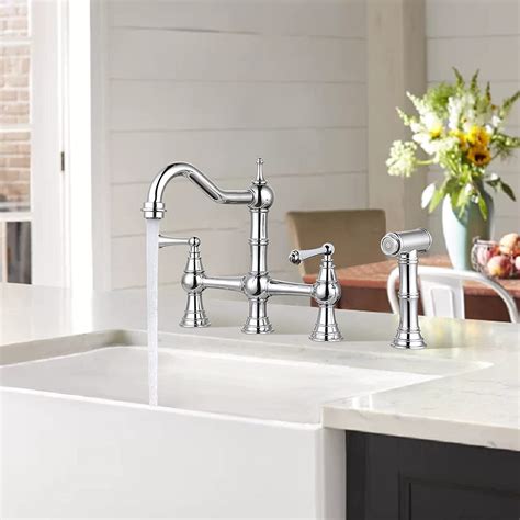 WOWOW 4 Hole 8 Inch Centerset Brass Bridge Kitchen Faucet with Side ...