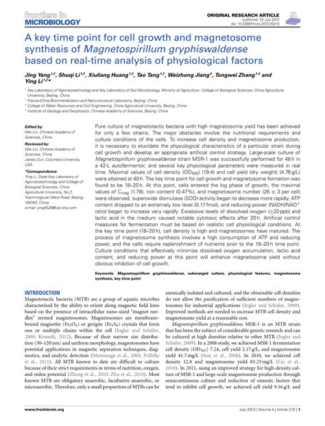 (PDF) A key time point for cell growth and magnetosome synthesis of Magnetospirillum ...