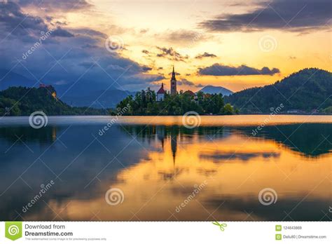 Dramatic Sunrise on Lake Bled, Sunrise View on Bled Lake, Island Stock Image - Image of mood ...