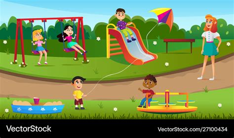 Happy children playing on playground in park Vector Image