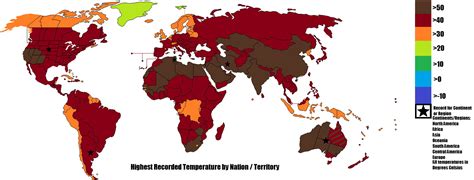 Hottest temperature recorded by country - Vivid Maps