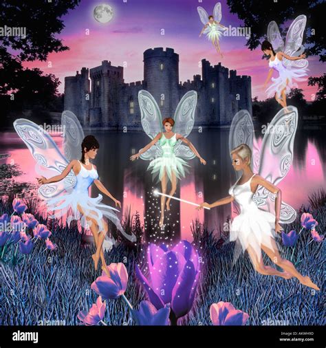 fairies dancing hovering in air at night with castle behind twilight ...