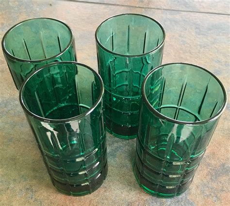 Vintage Anchor Hocking Tartan Emerald Forest Green Optic 16 oz. Drinking Glasses