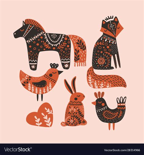 Wild folk art animals flat set Royalty Free Vector Image