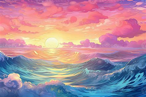 an animated painting of the ocean with a sunset in the background. Generative AI 30599314 Stock ...