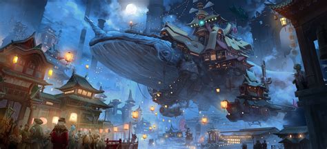 #night video game art fantasy architecture Genshin Impact fan art Asian architecture #city # ...