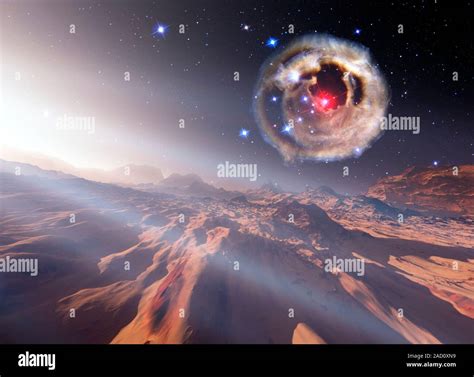 Alien planet and supernova. Computer illustration of a view across the surface of an alien ...