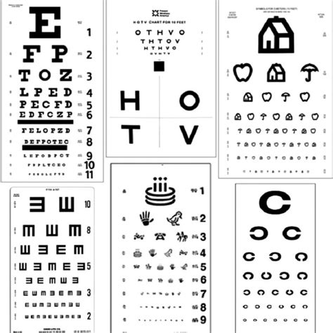 Examples of visual acuity charts. (A) Snellen, (B) HOTV, (C) Lea, (D ...