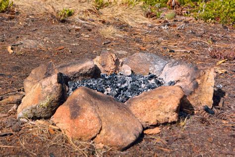 Camp Fire Rock Circle with Ash and Burned Wood Stock Image - Image of campground, firepit: 68203627