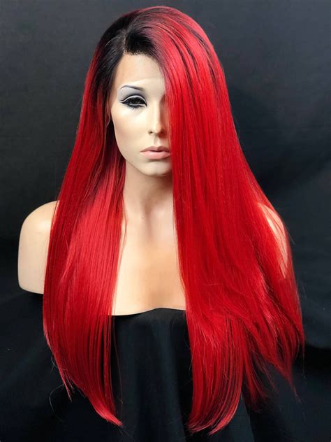Cosplay Wig, Bright Red Wig, Dark Roots Red Wig, Lace Front Wig, Heat Safe Heat Friendly Wig ...