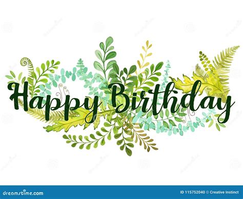 Happy Birthday Text and Foliage Illustration Vector . Nuance of Flora with Watercolor Style ...