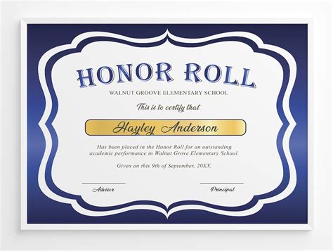 Editable Honor Roll Certificate Template, Royal Blue School Award ...