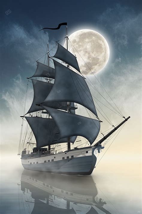 an old sailing ship floating in the ocean under a full moon