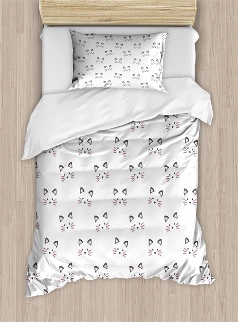 Kitten Duvet Cover Set, Sketching of a Blushing Cat Face Features Cartoon Style Hand Drawn Cat ...