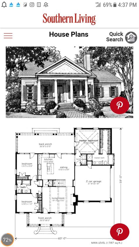 the southern living house plans is shown in red and white, with an open floor plan