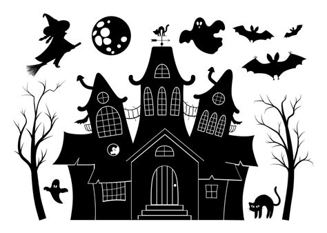 Vector haunted house black and white illustration set. Halloween ...