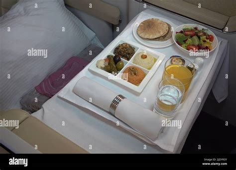 Meal served at the business class of Dubai's flagship airline Emirates ...