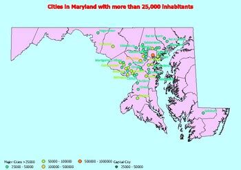 Map of large cities in the state of Maryland ranked by population