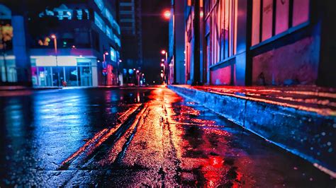 street, night, wet, neon, city, 4k HD Wallpaper