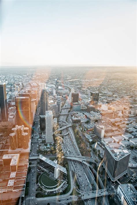 "Aerial View Of Los Angeles With Freeway, Lot Of Traffic At Sunset With ...