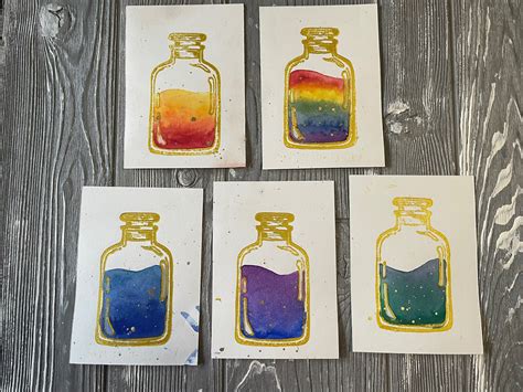 Gold Potion Bottle With Watercolor Print Color Prism | Etsy