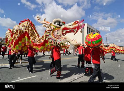 Chinese New Year parade in Chinatown of Los Angeles, California. Featuring Dragons and Lion ...