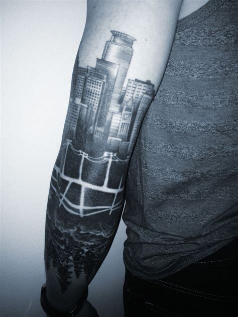 minneapolis skyline, reflected forest tattoo back of arm | ink ...