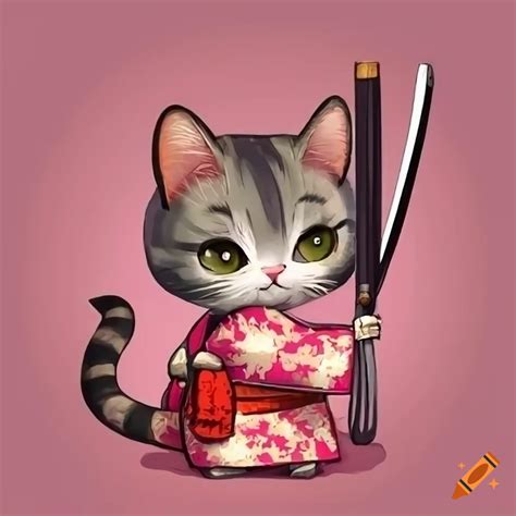 2d art of a cat wearing a kimono with a katana