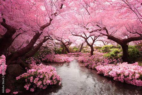 Beautiful cherry blossom sakura garden, spring nature background wallpaper Stock Illustration ...