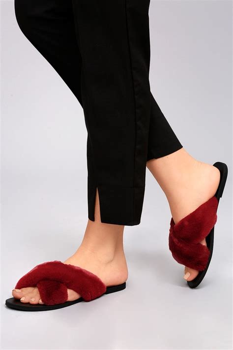 Luxe Fur Slides - Burgundy Side Sandals - Fur Sandals - Lulus