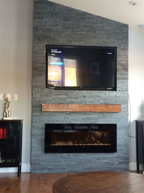 Grey Stone Fireplace with Floating Mantle Electric Fireplace