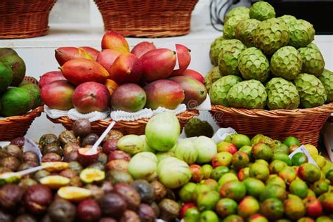 Exotic Fruits on Farmer Market in Funchal, Madeira, Portugal Stock Photo - Image of diet ...