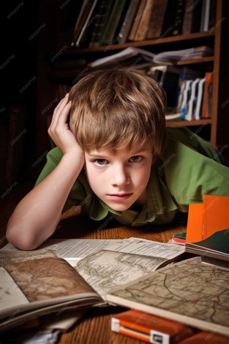 Premium Photo | Portrait of a young boy lying on the floor with math books around him created ...