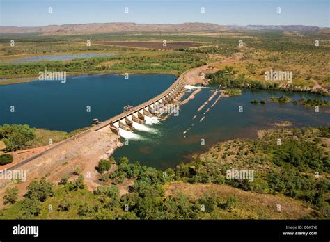 Aerial of the Ord River Diversion Dam with 20 locks and Victoria Highway impounding Lake ...